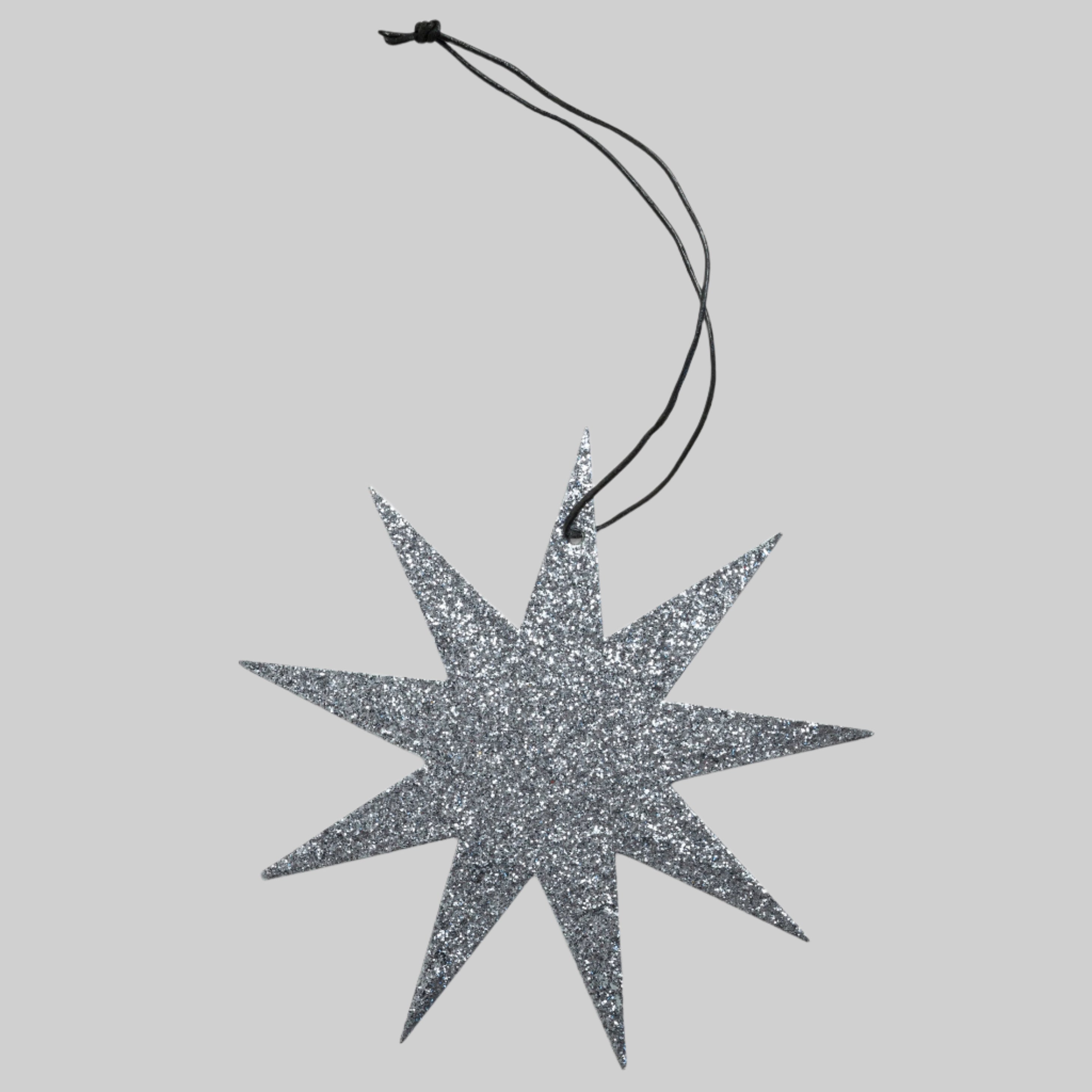 Holiday Ornament - 9-point glitter star, grey (box of 25)