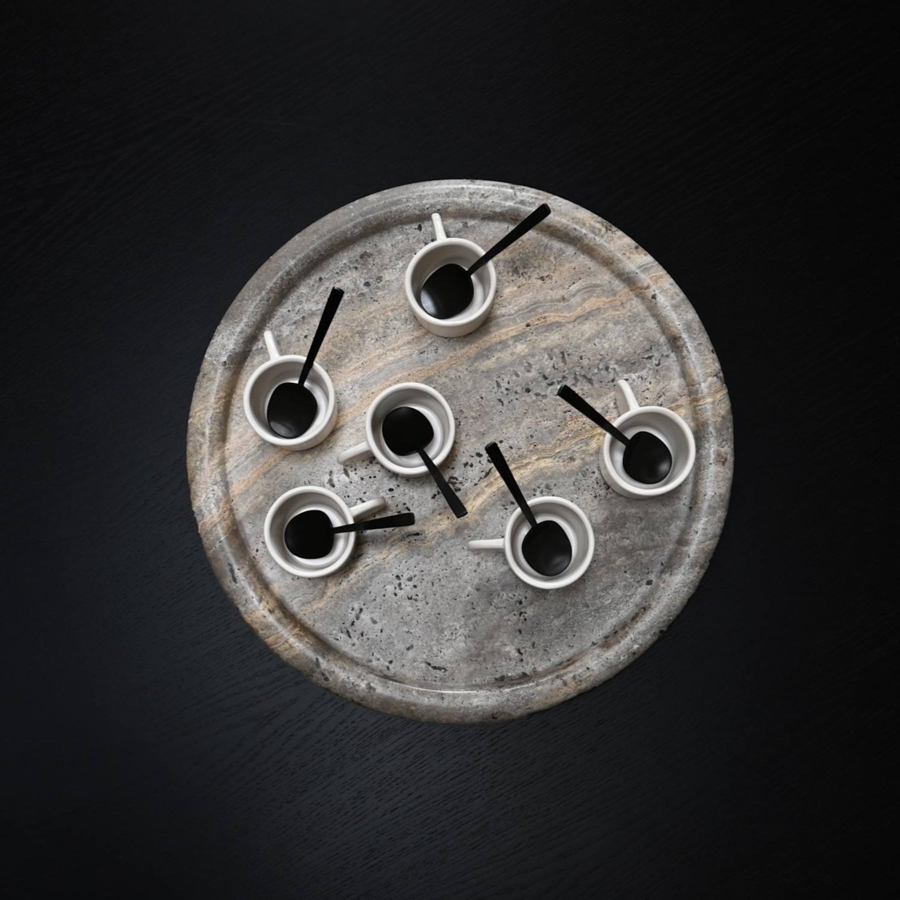 six 101 Copenhagen Native Espresso Cup with Kogei teaspoons on an Enkei tray