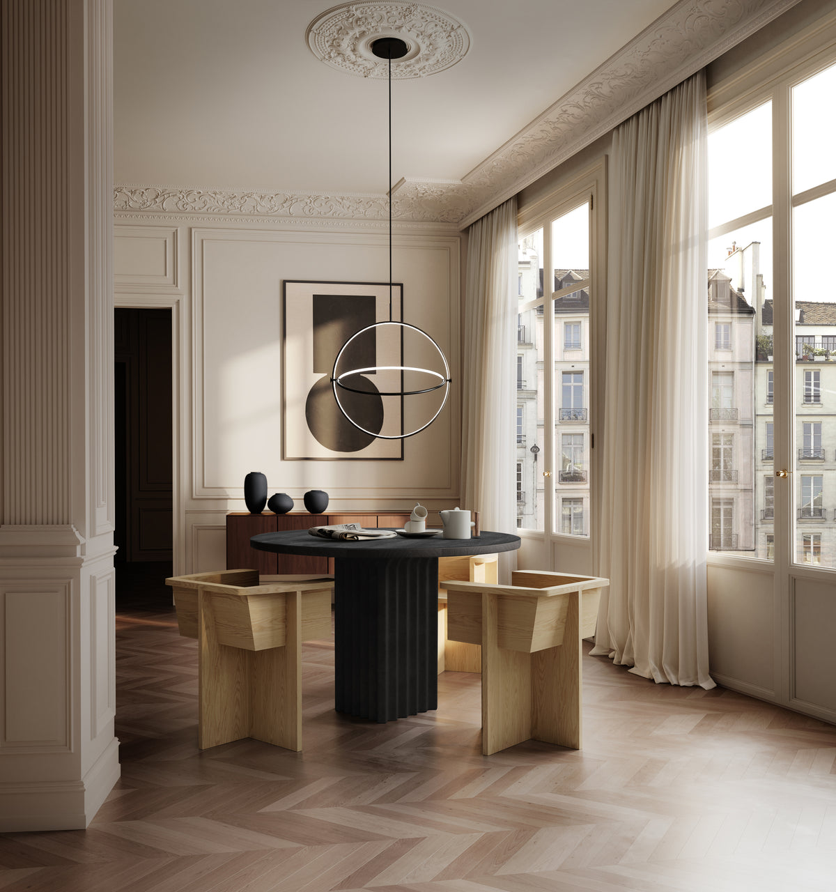 Arc Dining Table, 47"Ø - Coffee Black Oak