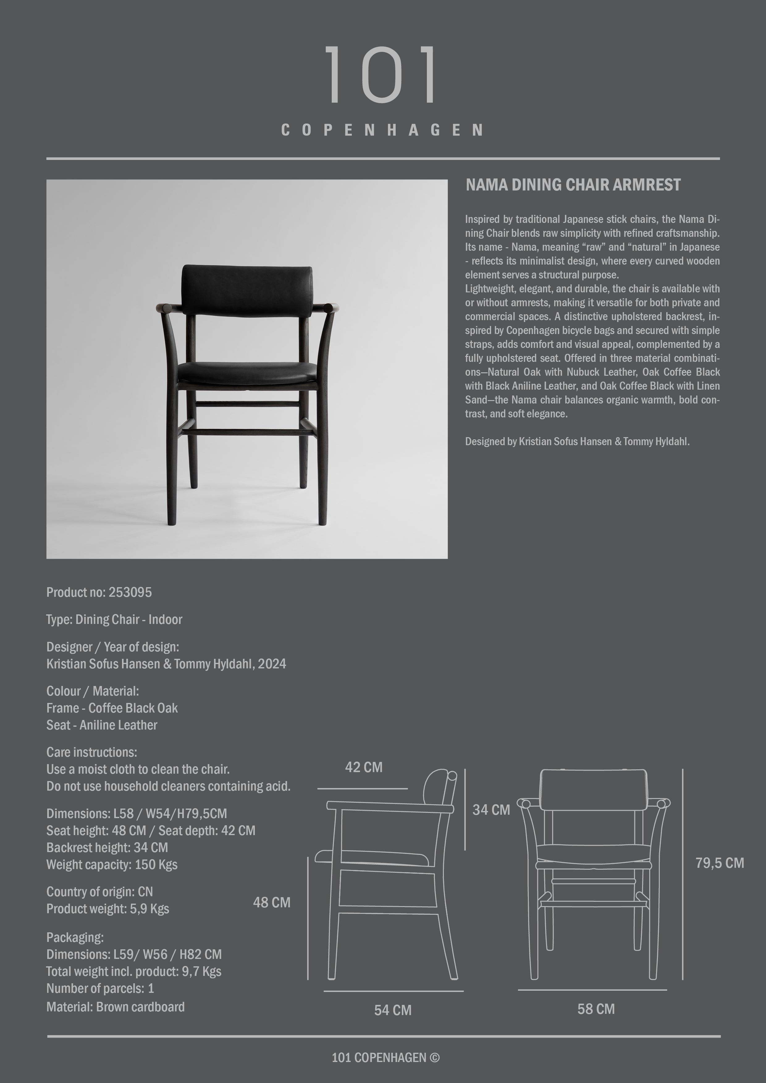 Nama Dining Chair, Armrest - Coffee Black, Aniline Leather