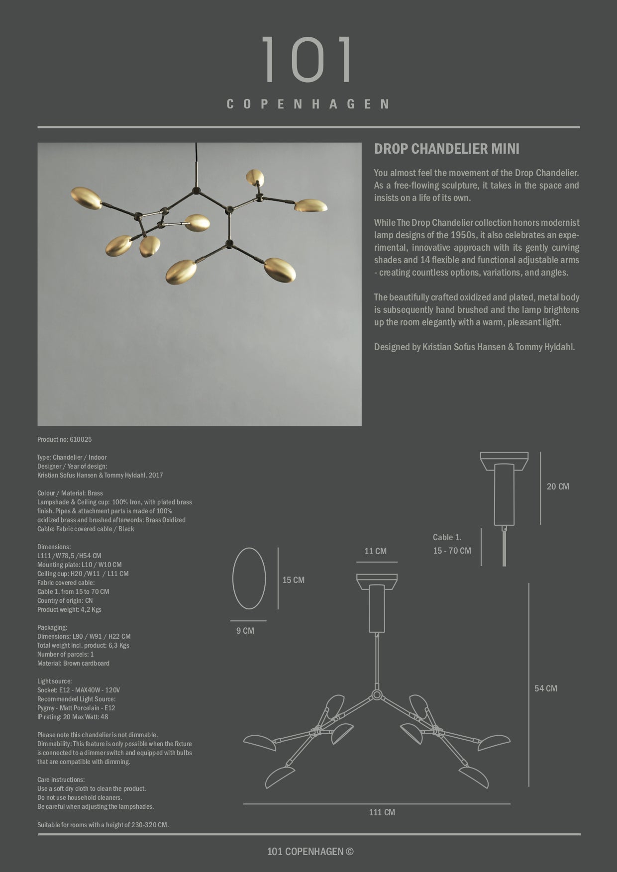 Drop Chandelier - Mini, Brass, UL
