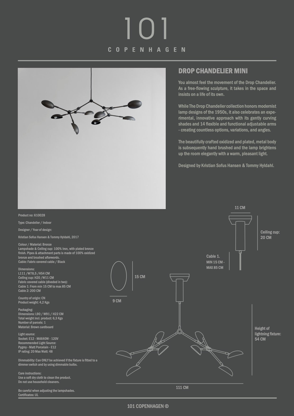 Drop Chandelier, Mini - Bronze, UL