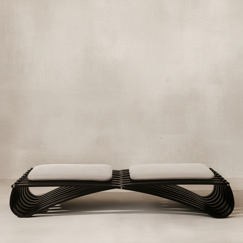 Black wooden daybed with two beige textile cushions, front view