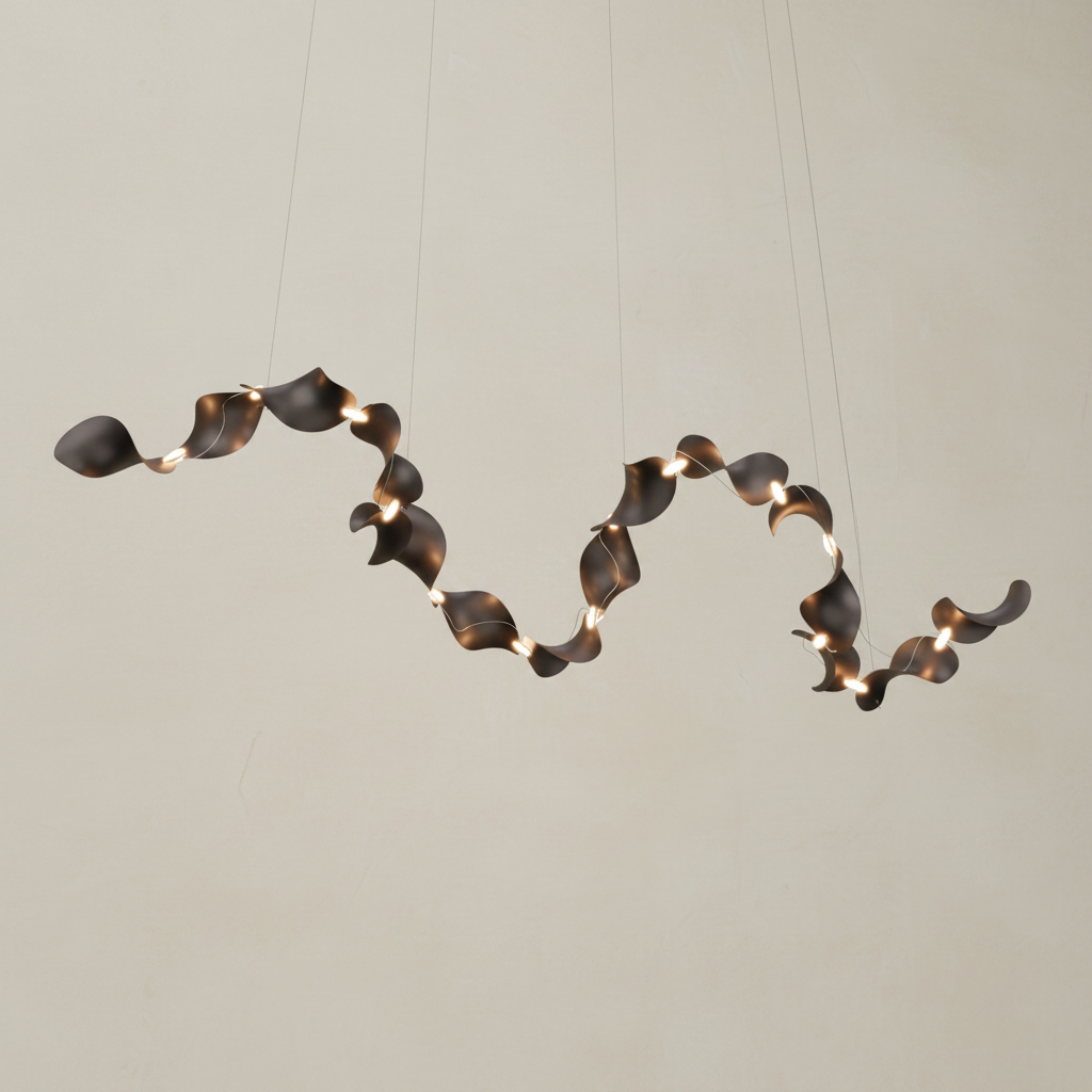 A modern spiral-shaped pendant light with a dark bronze metallic finish and warm glowing lights, suspended by thin cables against a solid white background.