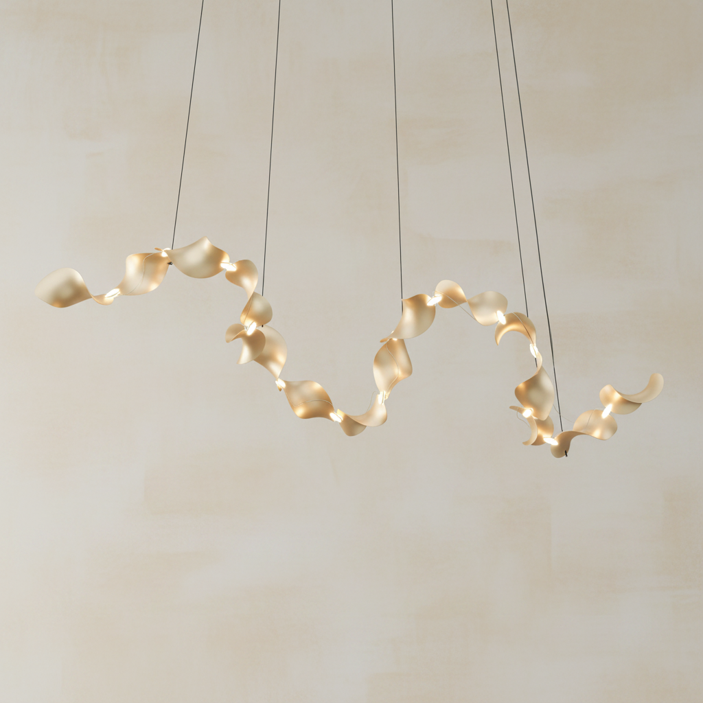 A modern wavy spiral pendant light fixture made of metallic gold-toned leaf-like petals, suspended by thin cables against a solid white background.