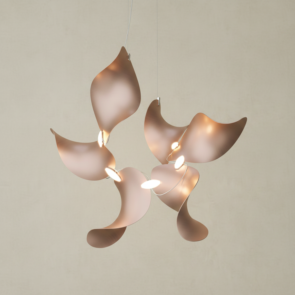 A modern multi-light pendant lamp with five organic, leaf-like metallic shades in a warm rose gold finish, suspended against a solid white background.