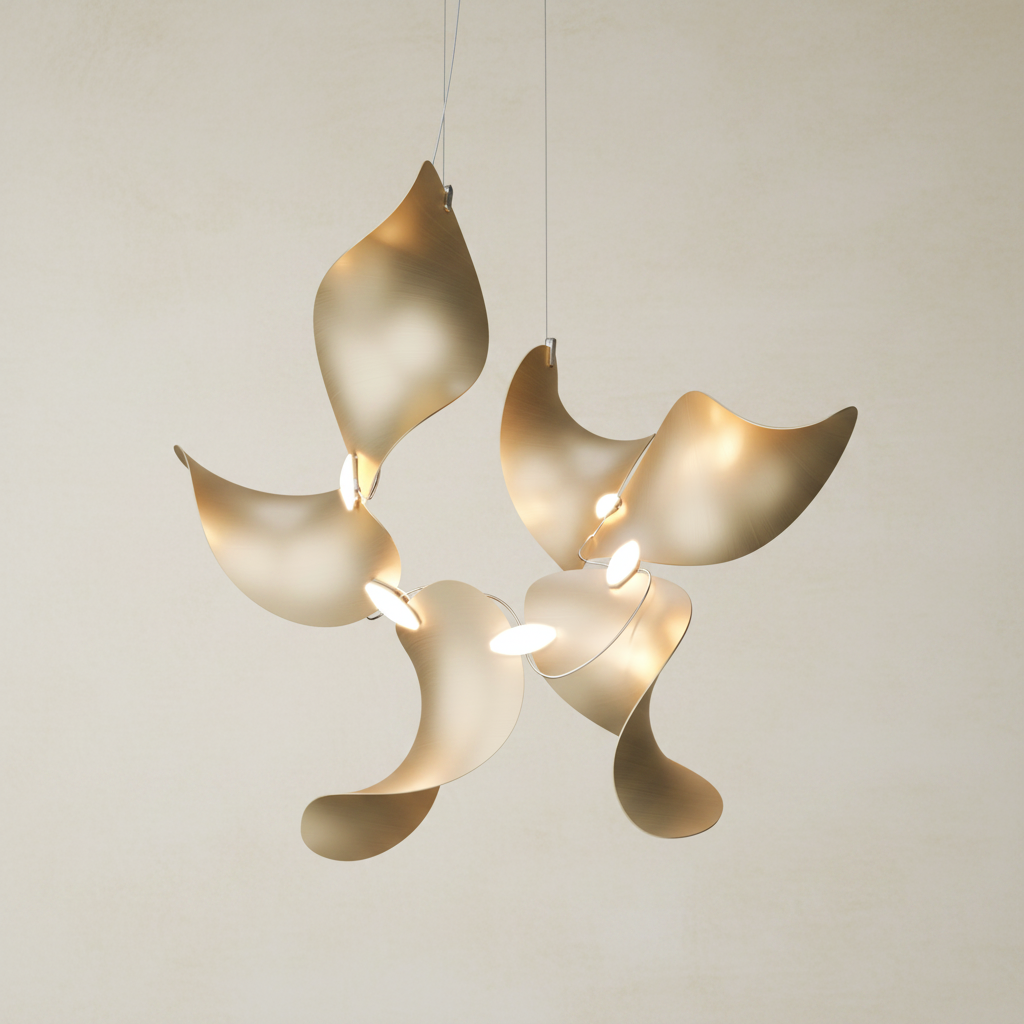 A modern five-light spiral cluster pendant chandelier with a brushed gold finish and warm white LED bulbs, suspended against a solid white background.