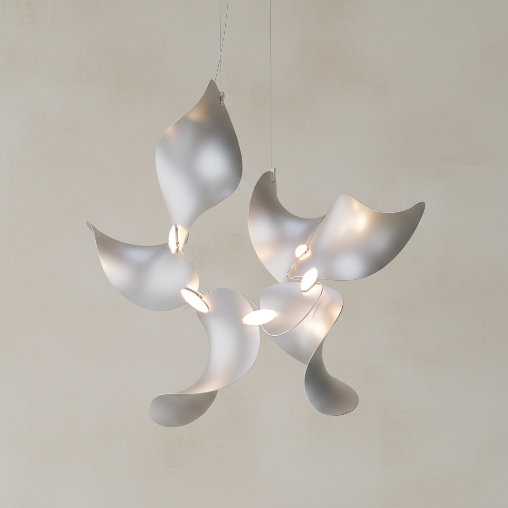 A modern multi-light pendant chandelier with five organic, flowing leaf-like shades in a spiral arrangement, shown against a solid white background.