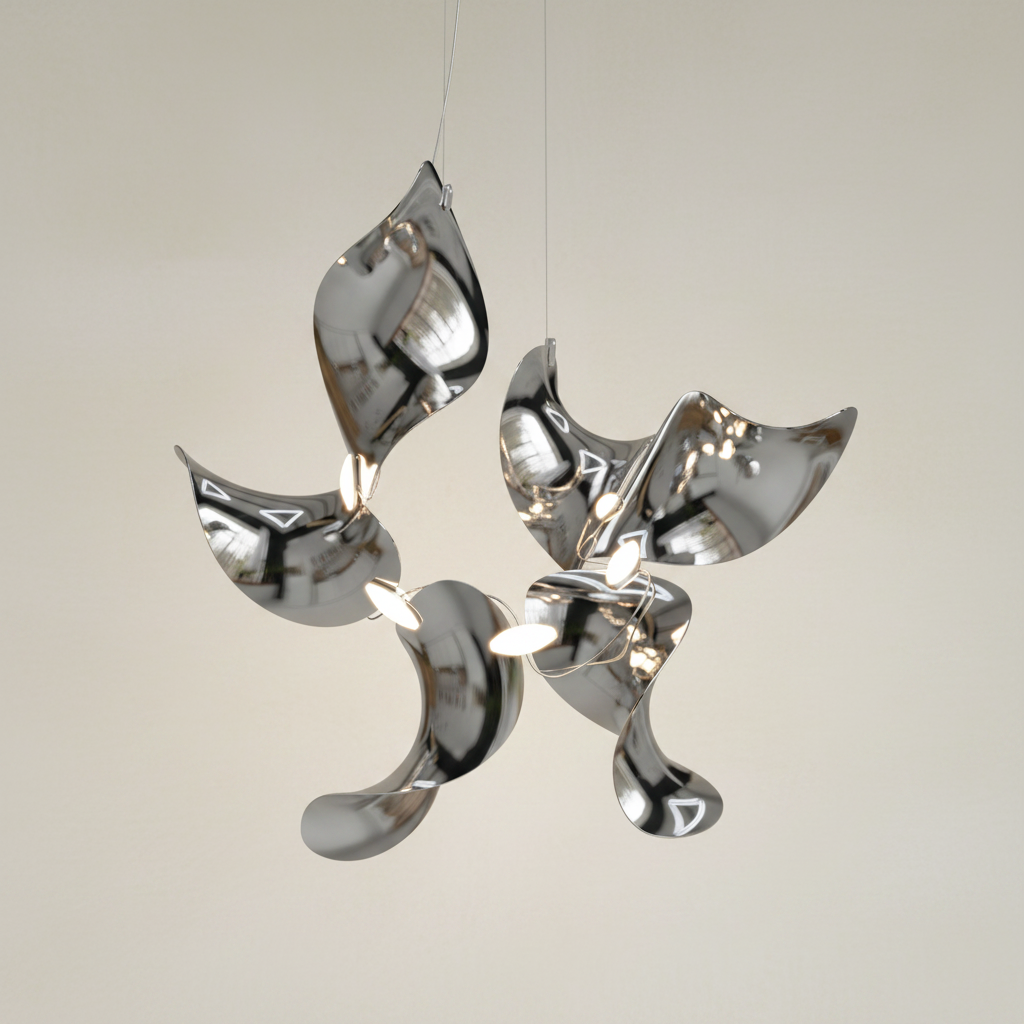 A modern multi-light pendant chandelier with five reflective, organic-shaped metallic shades suspended by thin cables against a solid white background.