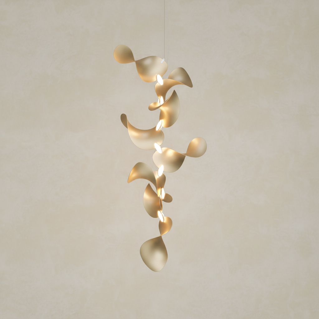 A modern spiral pendant light with flowing, organic-shaped metallic shades in a brushed gold finish, suspended by a thin white cord against a solid white background.