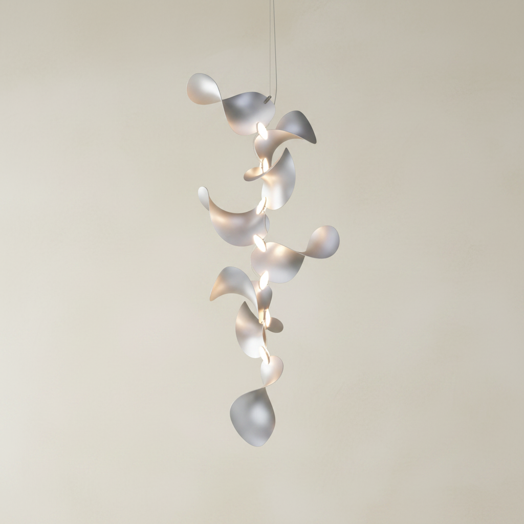 A modern spiral pendant light with metallic silver and gold-toned leaf-like or petal-like elements, suspended by a thin cord against a solid white background.