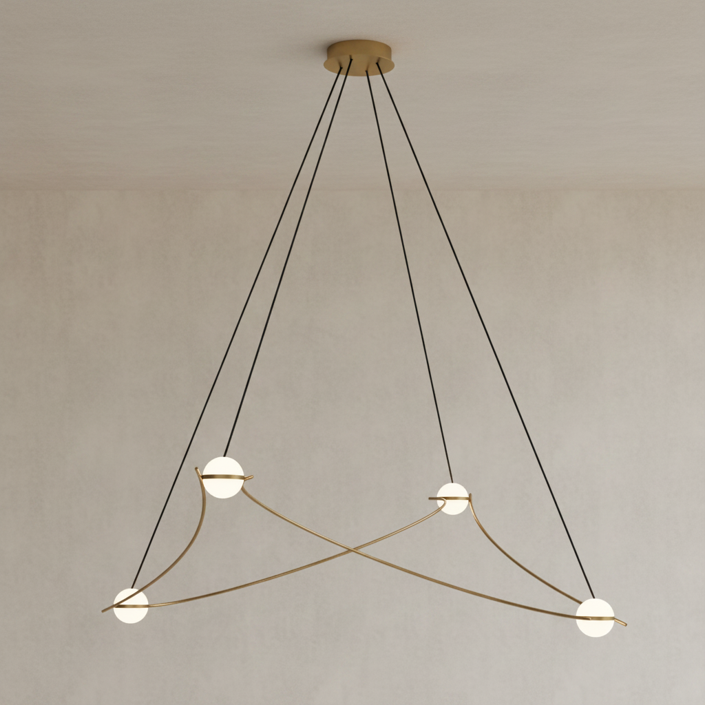 A modern multi-light linear pendant chandelier with a brushed brass finish and black suspension wires, shown against a solid white background.