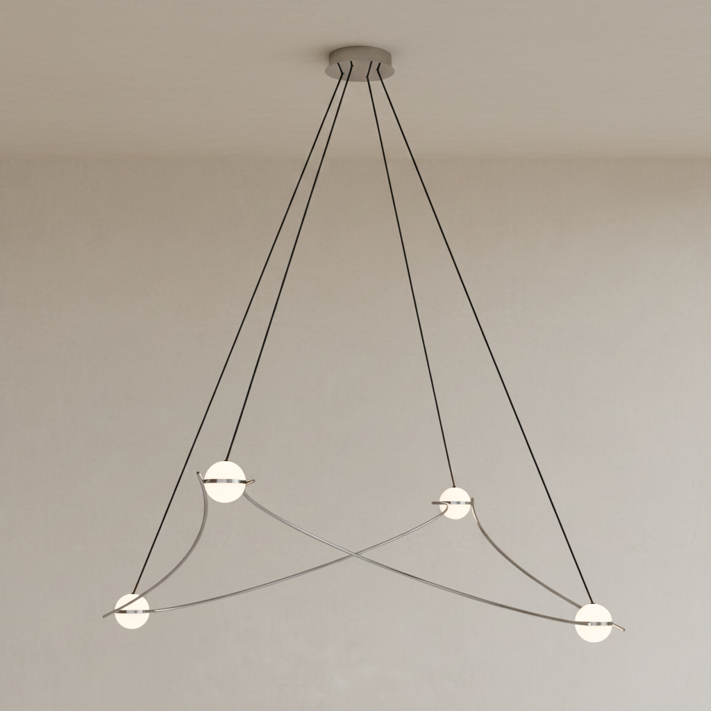 A modern multi-light linear pendant chandelier with a circular ceiling canopy, four black suspension cords, and curved metallic arms ending in warm white LED light bulbs, shown against a plain white background.