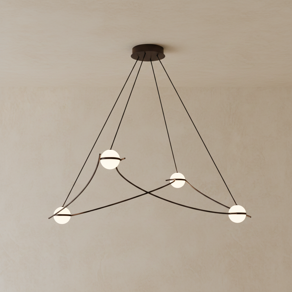 A modern multi-light linear pendant chandelier with a dark bronze ceiling canopy and thin black suspension cords, featuring four illuminated opal glass shades with a warm bronze detail