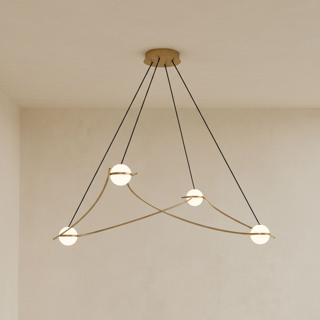 A modern multi-light linear pendant chandelier with a gold-finished circular ceiling canopy and multiple thin black suspension cords, featuring curved gold-toned arms with integrated warm white opal glass shades.