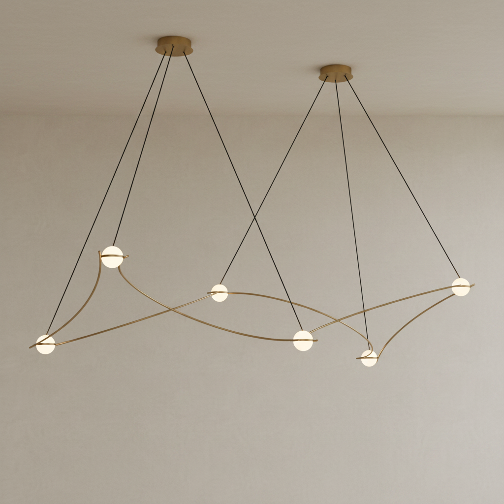 A modern multi-light linear chandelier with two separate hanging light cones, featuring a warm bronze circular ceiling canopy, dark suspension wires, and thin curved metallic wire arms with gold-toned end caps, shown against a plain white background.