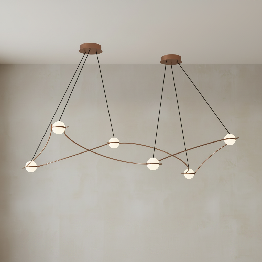 A modern multi-light linear pendant chandelier with a bronze-finished metal frame, black suspension cords, and multiple frosted glass shades, shown against a solid white background.