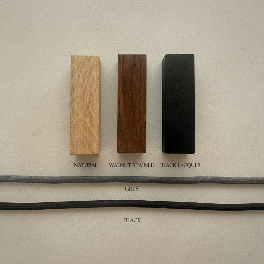 Wood and cord samples with original cords labeled