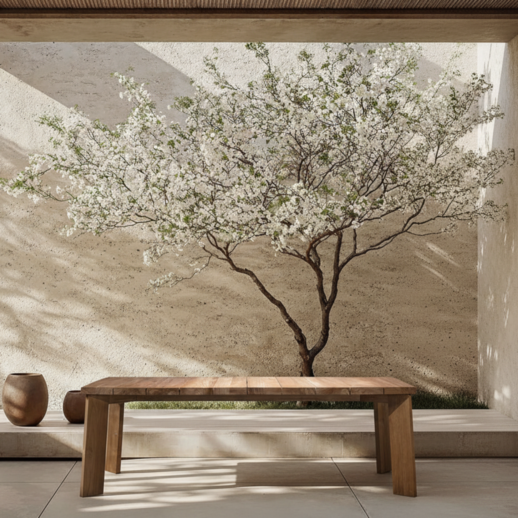 Widthwise plank table in courtyard