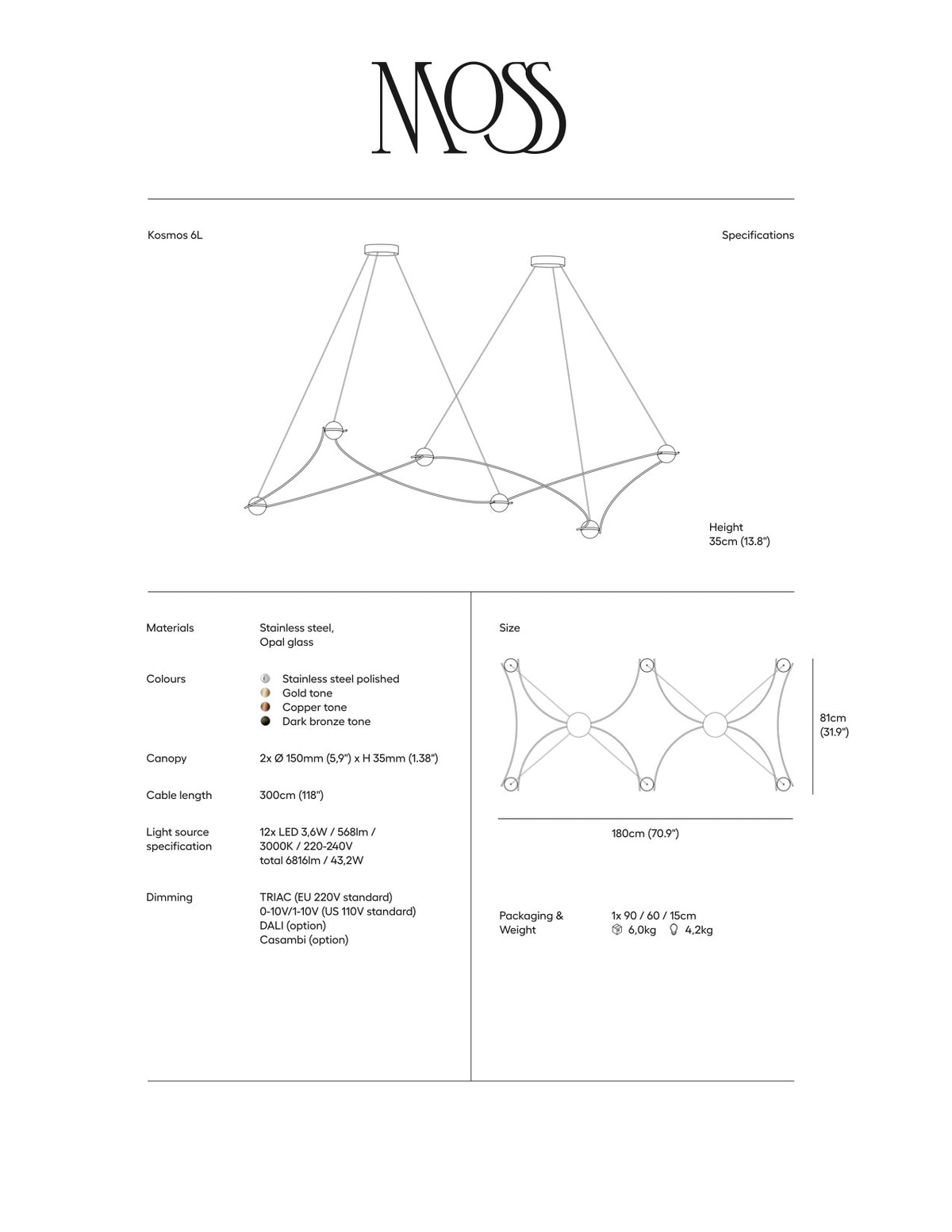 Kosmos 6L Chandelier - 4 Finish Options