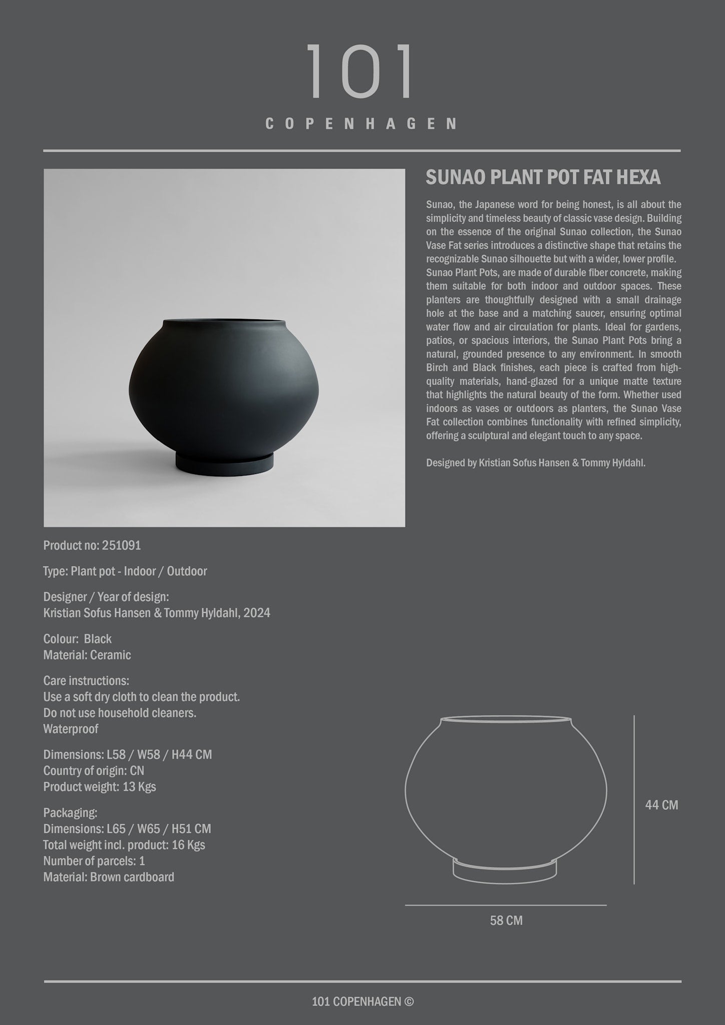 Sunao Plant Pot Fat, Hexa - Black