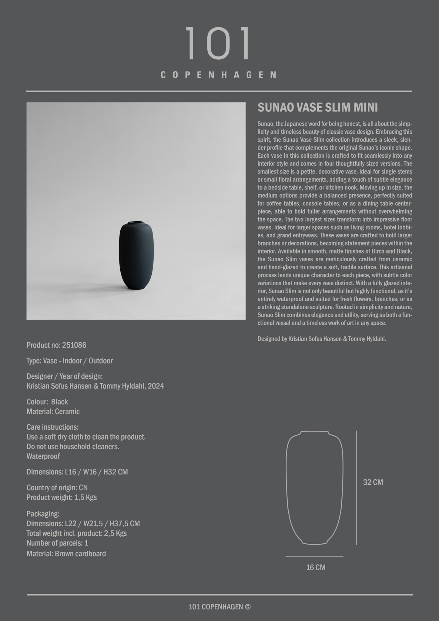 Sunao Vase Slim, Mini - Black