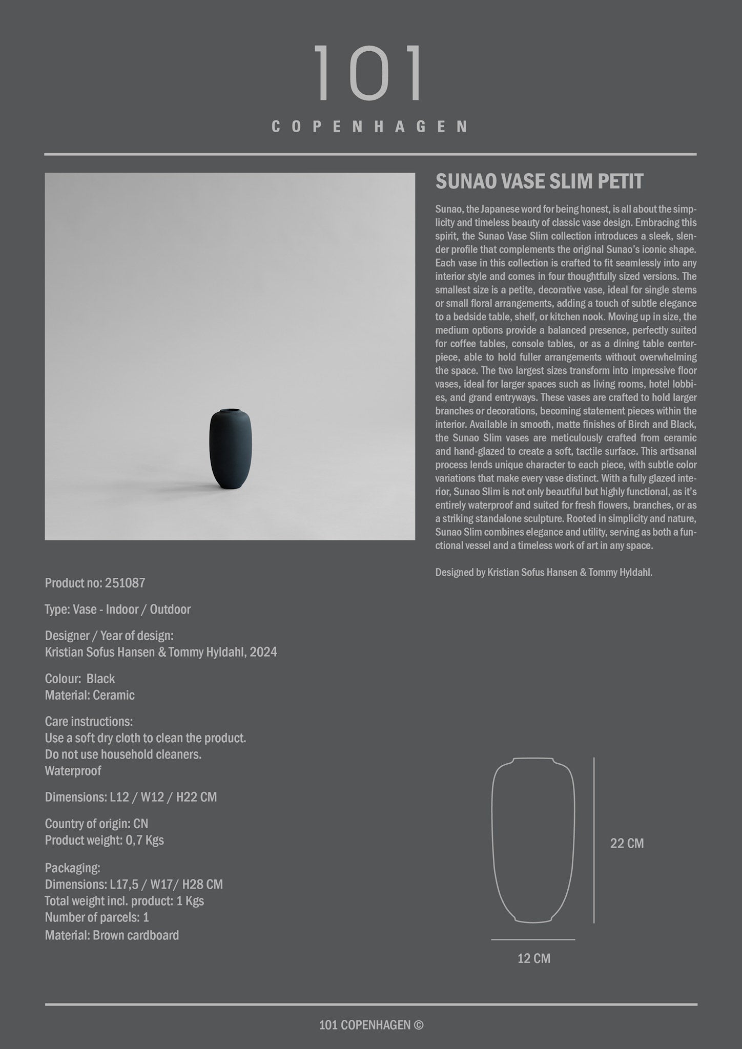 Sunao Vase Slim, Petit - Black