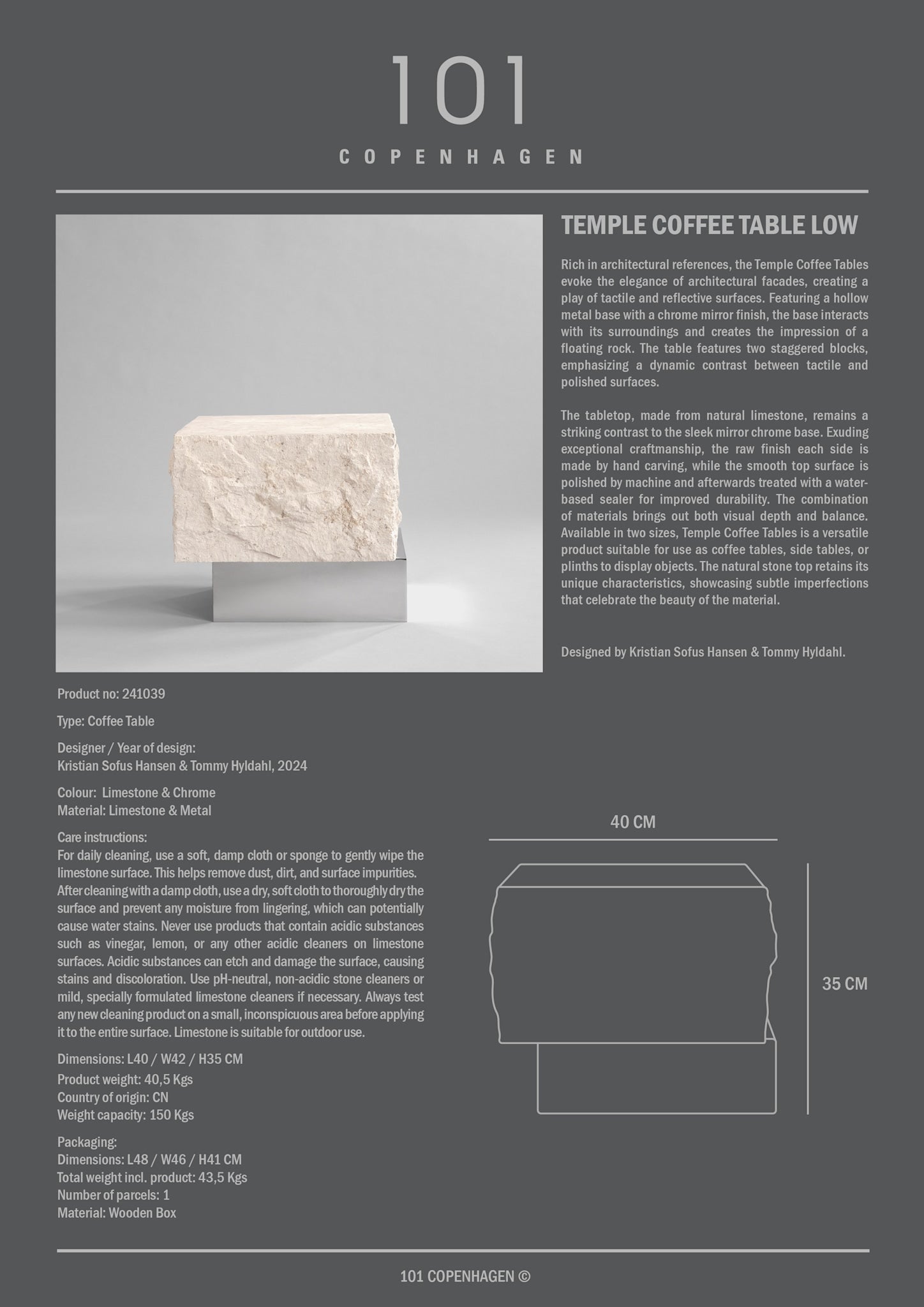 Temple Coffee Table, Low - Chrome / Limestone