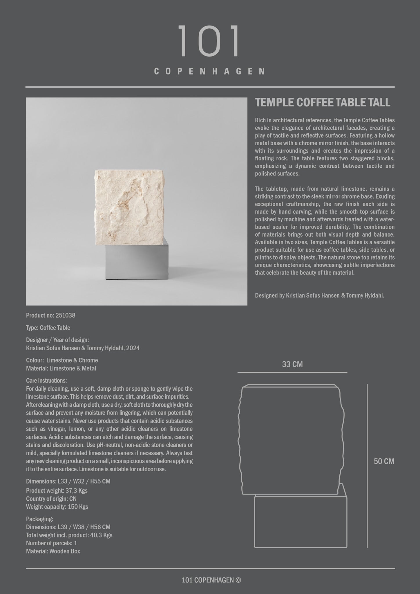 Temple Coffee Table, Tall - Chrome / Limestone