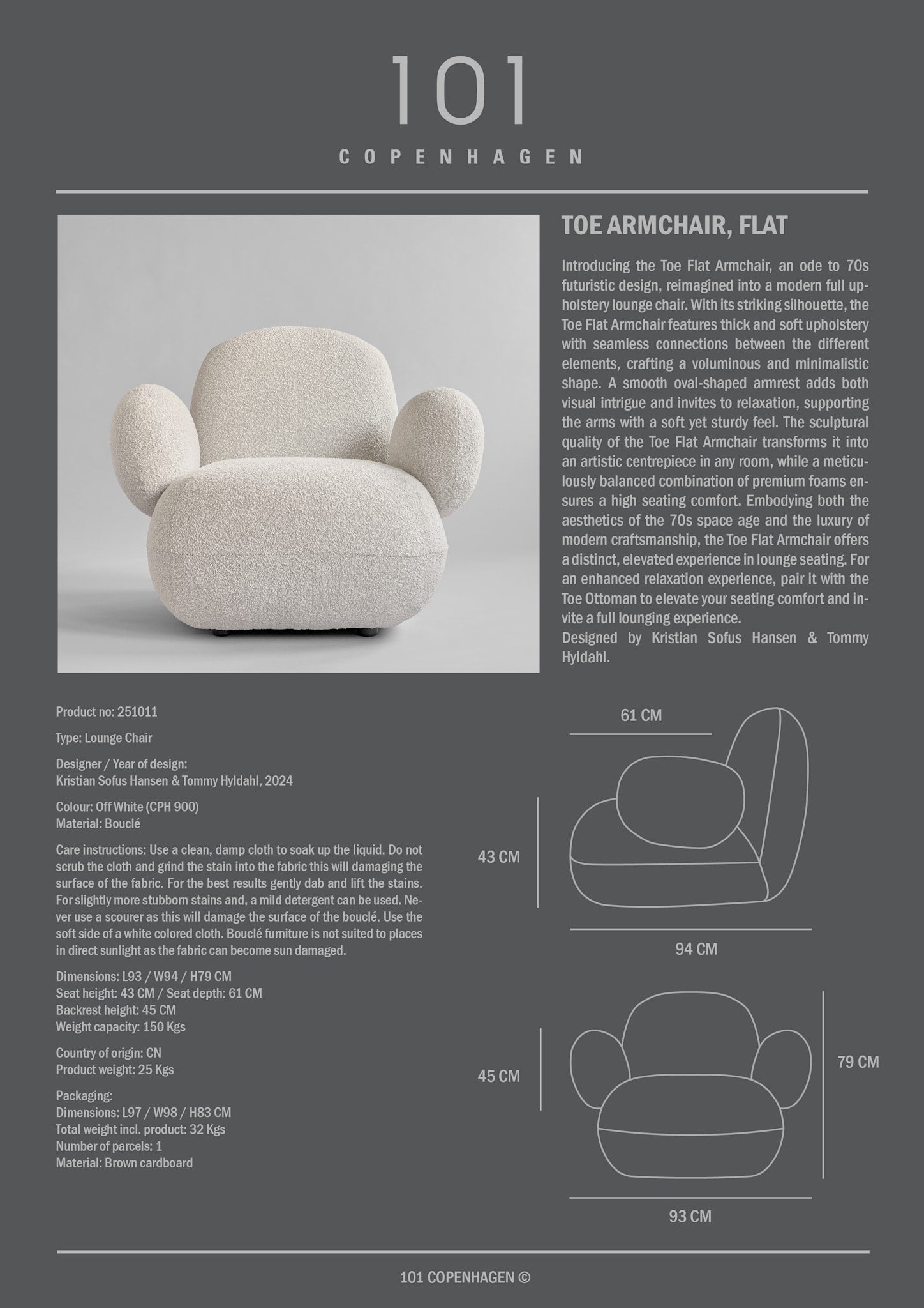 Toe Armchair, Flat - Off White Bouclé
