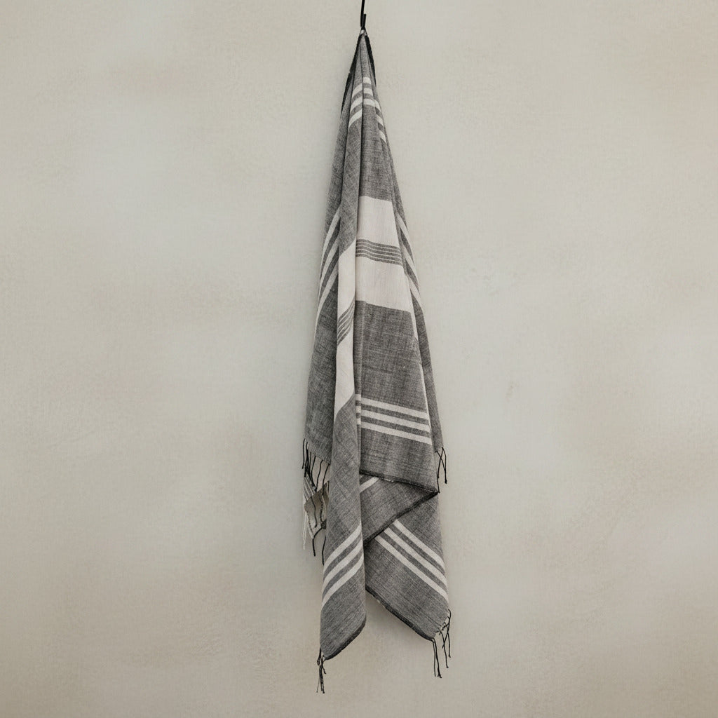 Usva Towel Collection | White with Grey Stripes - Hand Woven