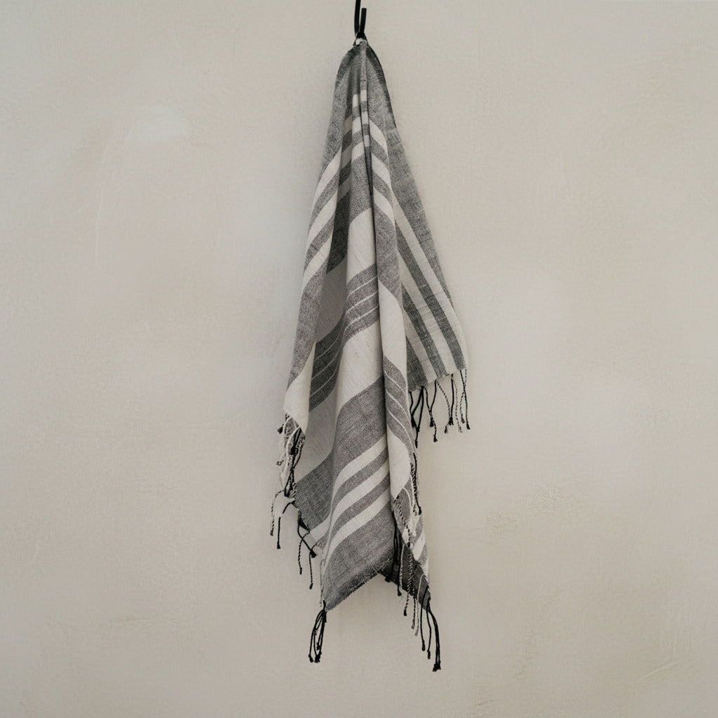 Usva Towel Collection | White with Grey Stripes - Hand Woven