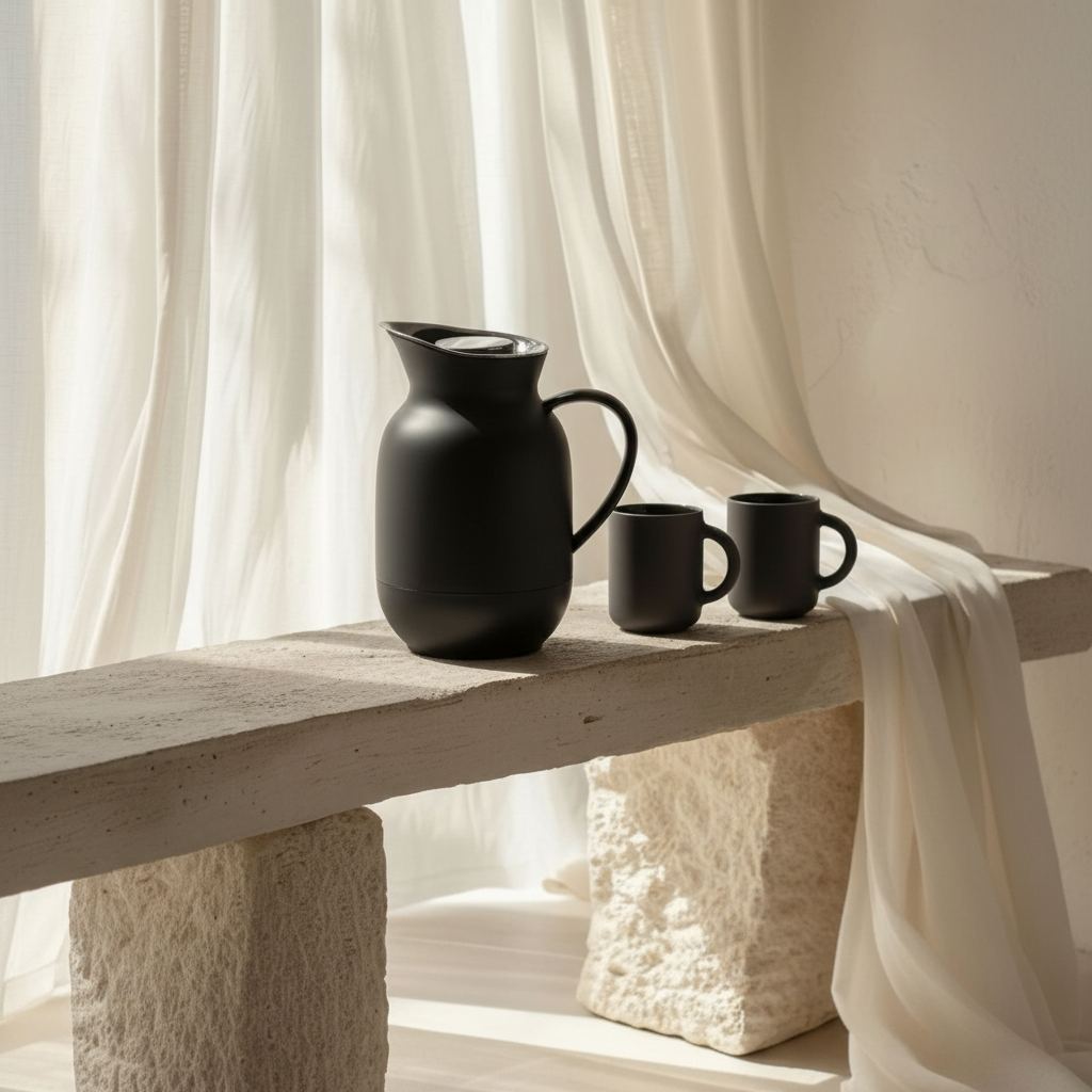 Amphora Black Jug with Two Theo Mugs on Stone Bench