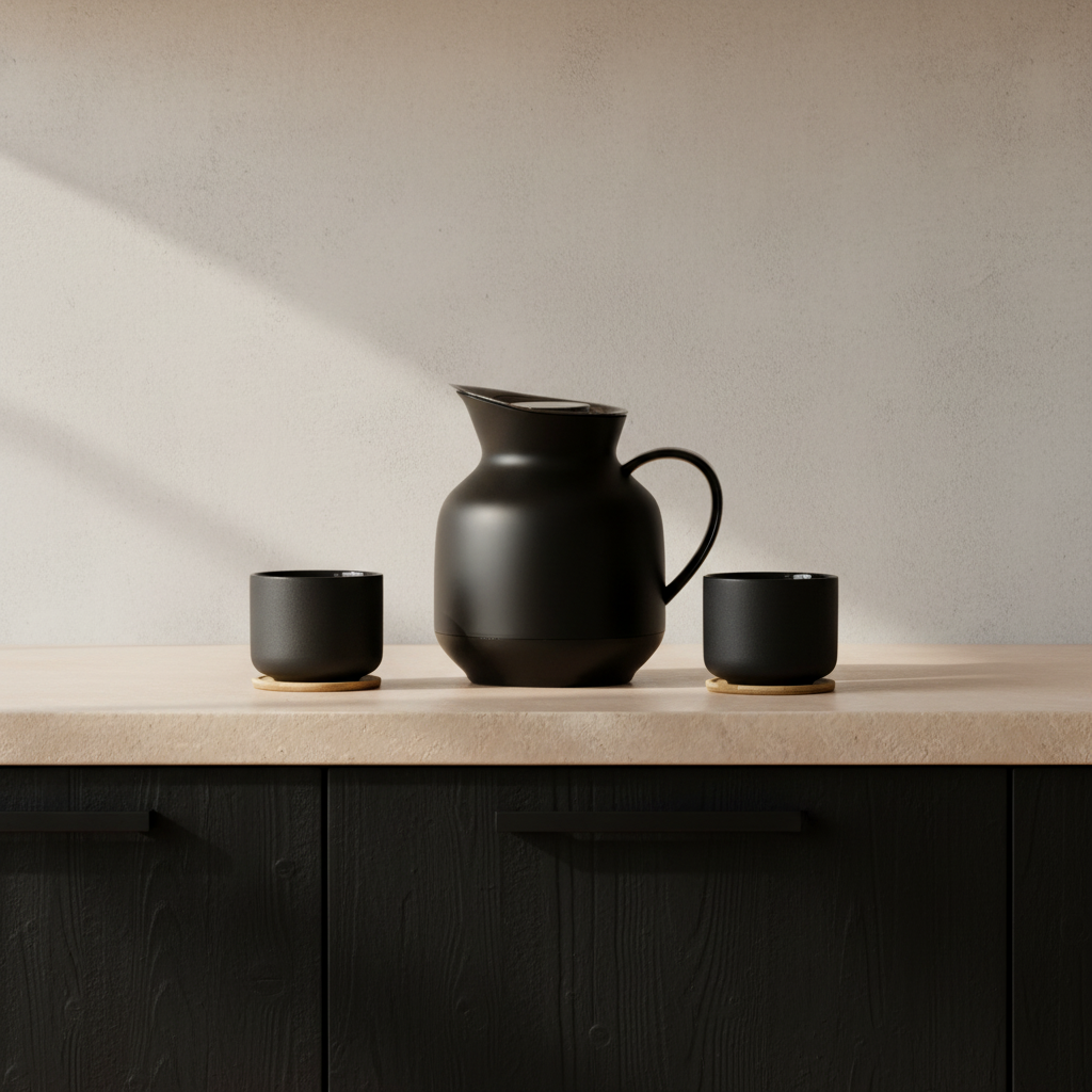 Amphora Jug & Theo Cups — Close-Up Kitchen Vignette