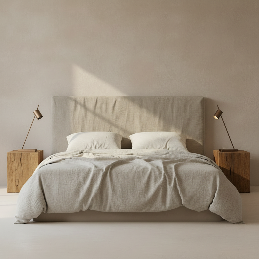 Bedroom with linen headboard and bronze lamps