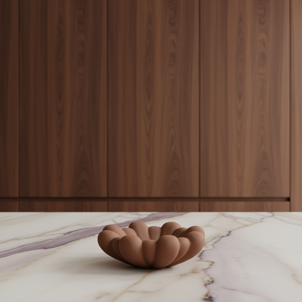 Bloom Tray on Calacatta Viola with Walnut Cabinets