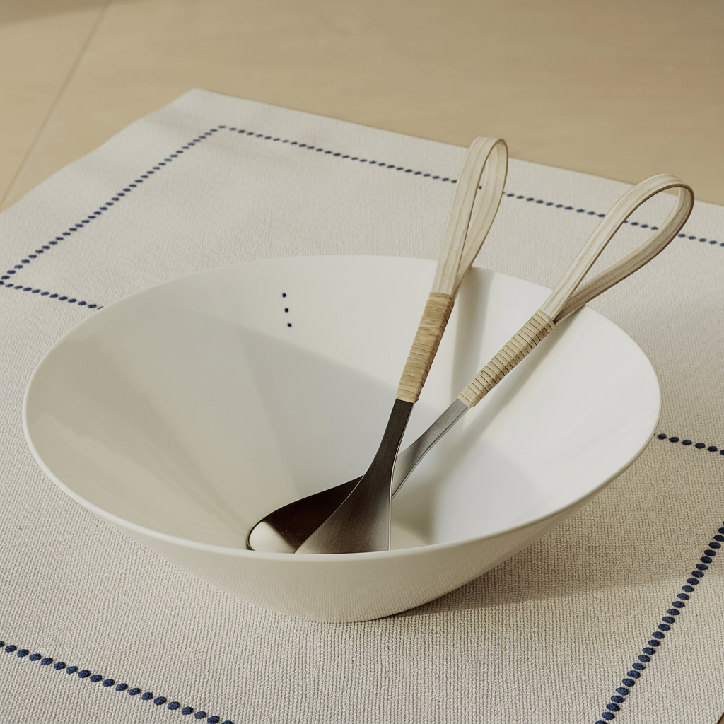 Bowl with serving utensils on linen