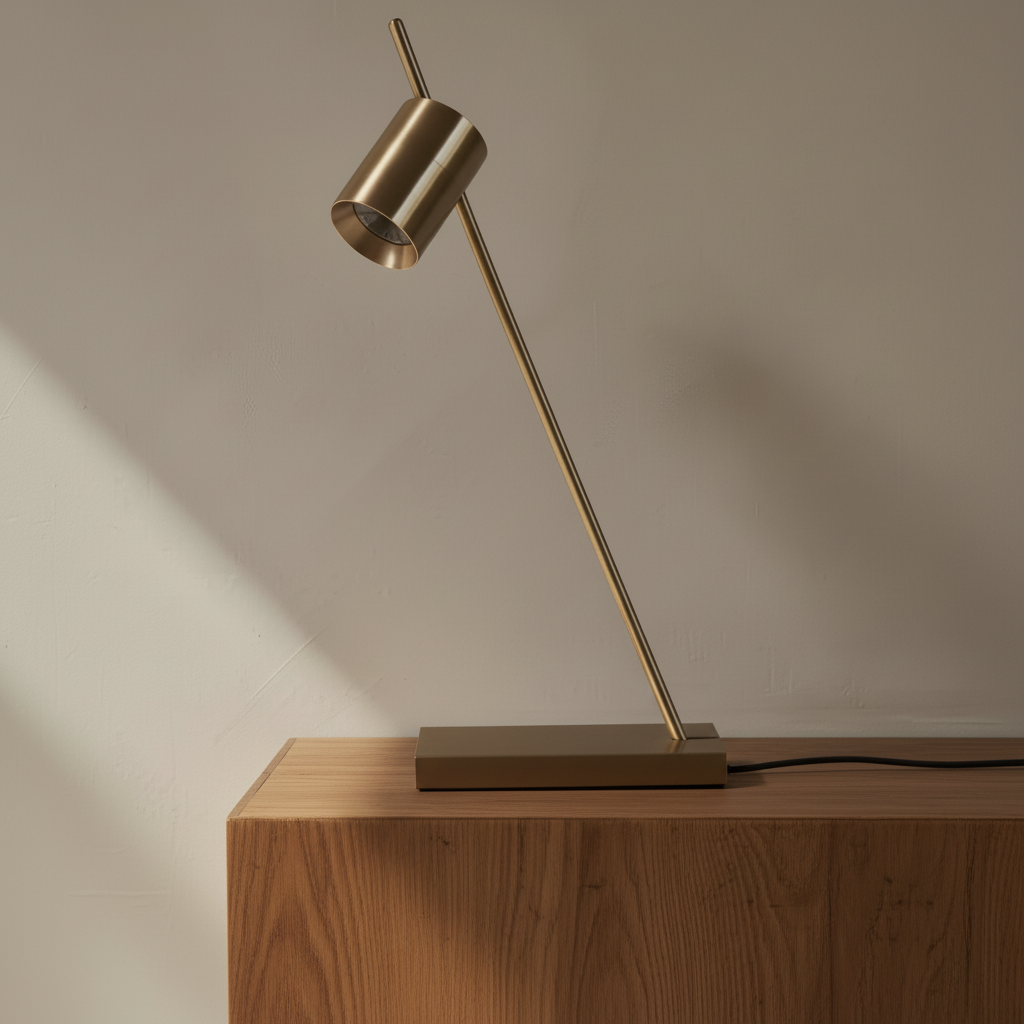 Brass lamp on wide beam plinth table