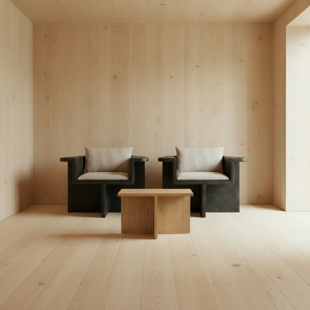 Brutus Lounge Chairs with Makura cushions and Brutus Oak coffee table