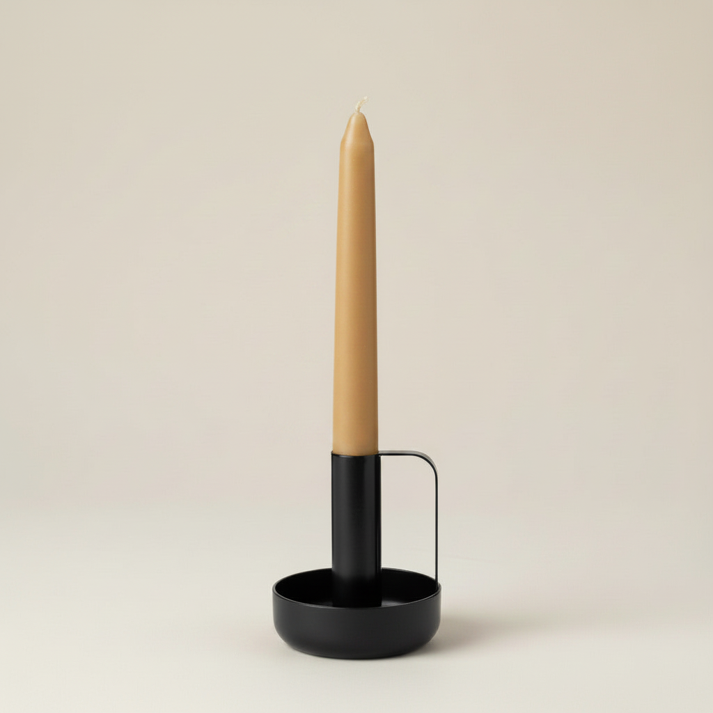 Candleholder with beige-ochre beeswax candle, unlit
