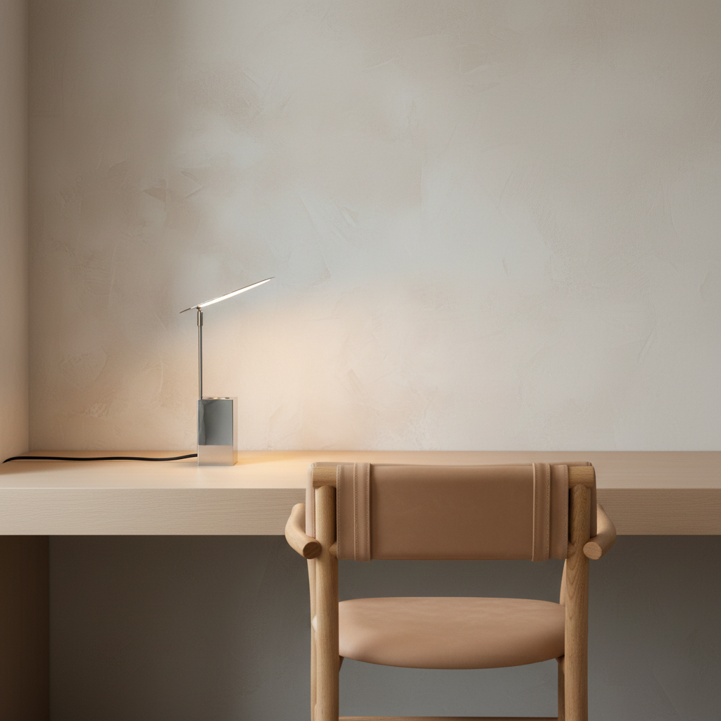 Clean minimalist desk scene with Reflect lamp and NAMA chair