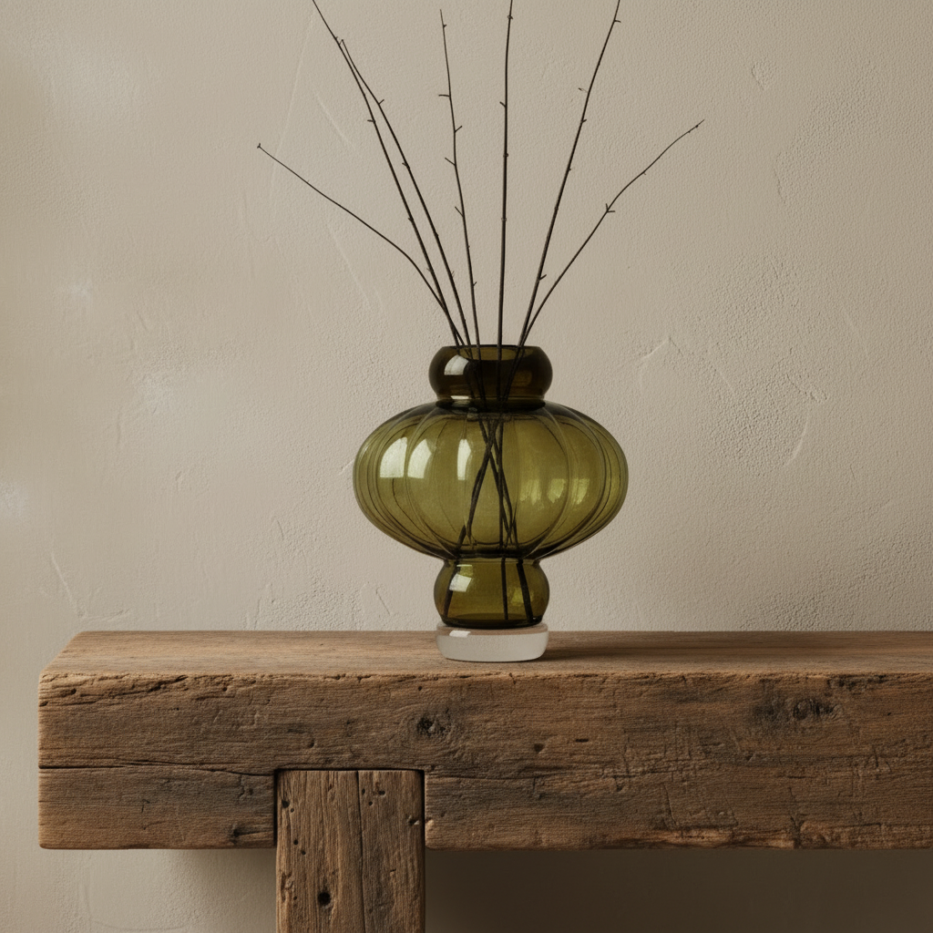 Close-up of Balloon Vase 03 Olive on reclaimed wood table
