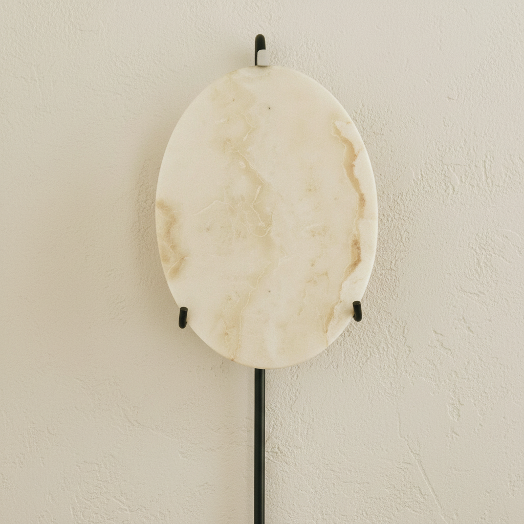 Close-up of onyx wall sconce on limewash beige wall