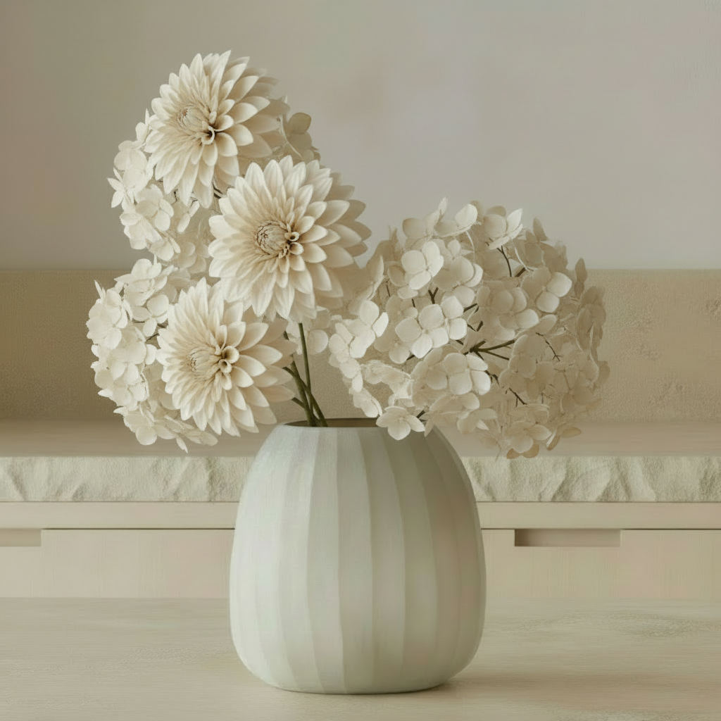 Close-up of Organic Vase 04 Sand with sparse hydrangeas