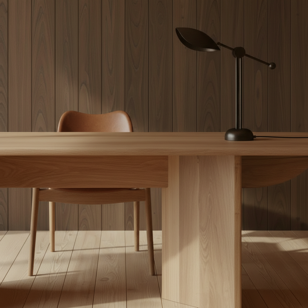 Close-up of Pillabout Desk with Stingray Light and Regatta Chair detail