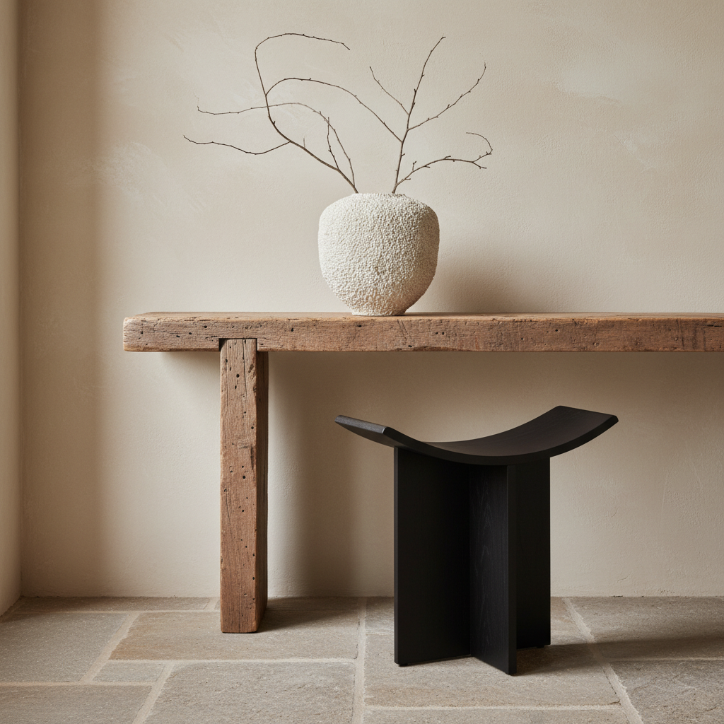 Cropped view of Brutus Stool and Sunao Vase corner