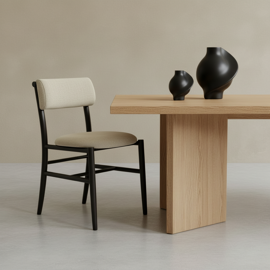 Douglas fir dining table with Pirout vases and Nama chair