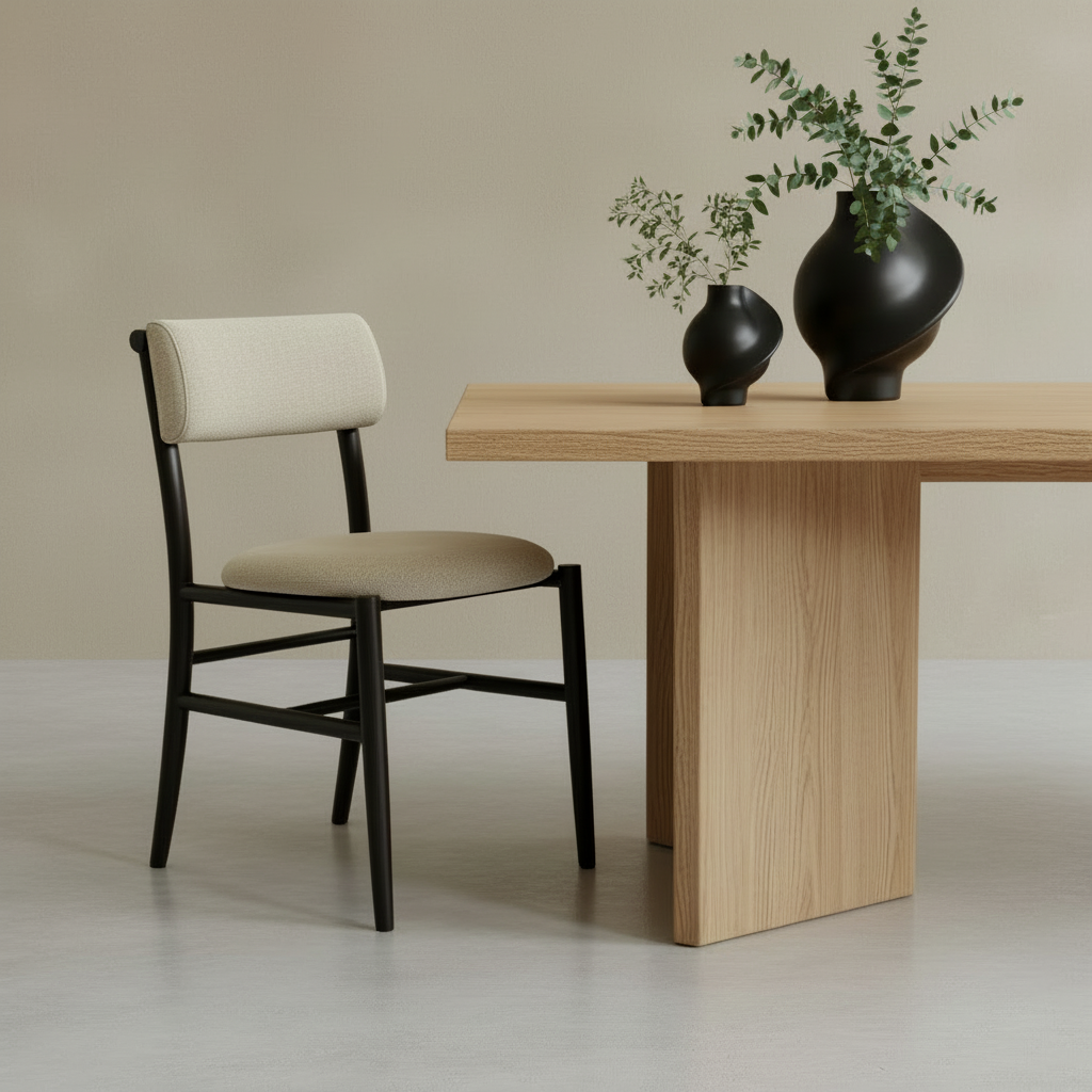 Douglas fir dining table with Pirout vases with greenery