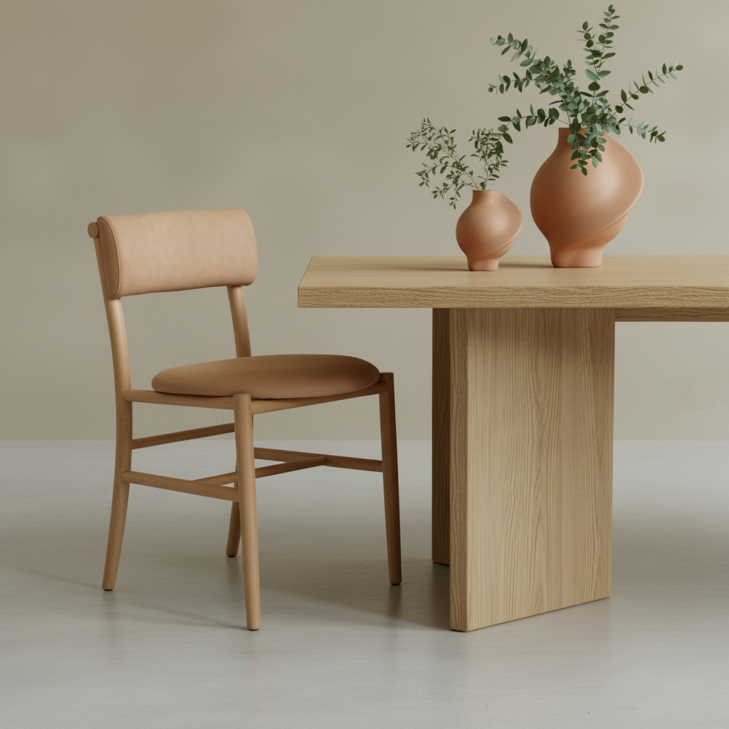 Douglas fir dining table with Sanded Ocker Pirout vases