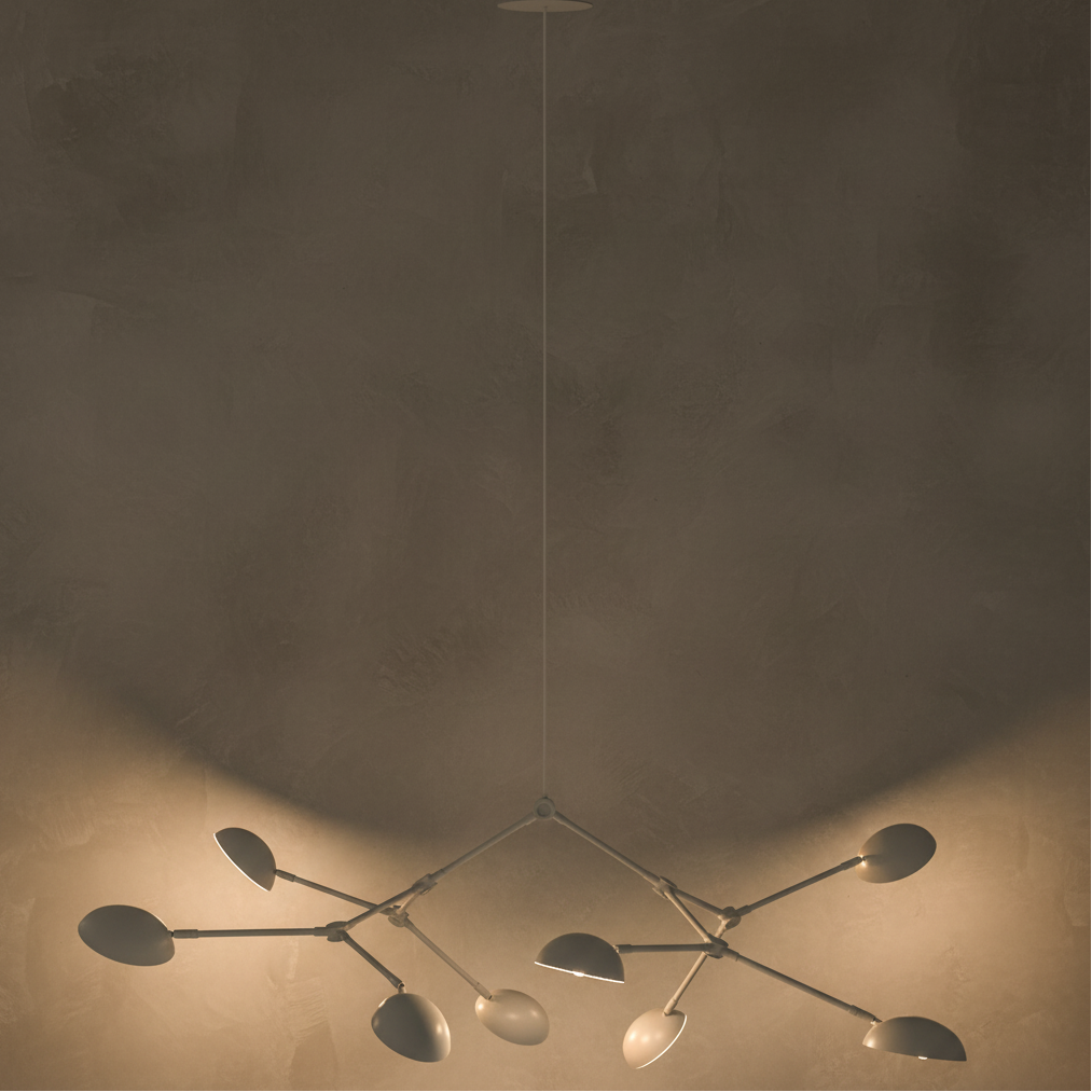 Drop Chandelier White illuminated against dimmed limewash background